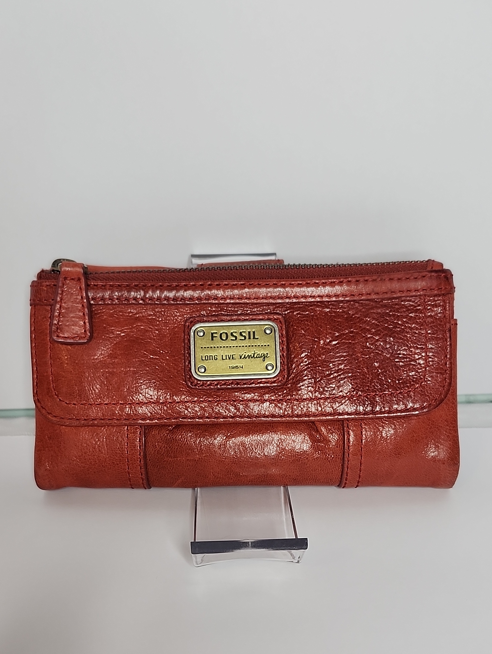 Fossil Long Live Vintage Leather Wallet Red Bifold Clutch Purse